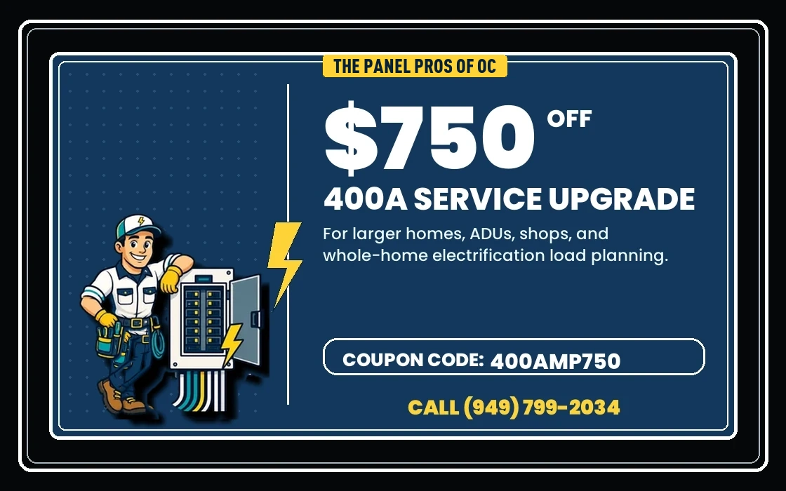 $750 off 400A service upgrade coupon from The Panel Pros of OC